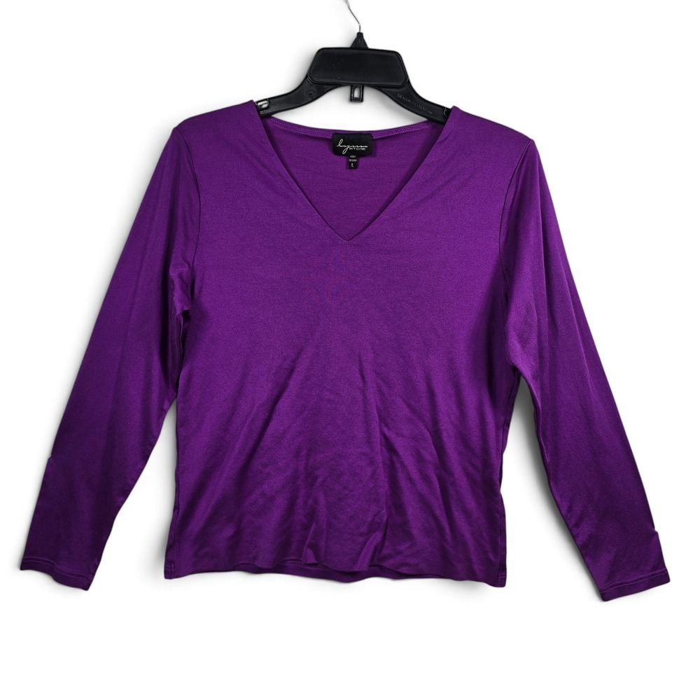 Lynn Ritchie Silk Blend Top Womens L V-Neck Purple Long Sleeve Knit Luxury Basic